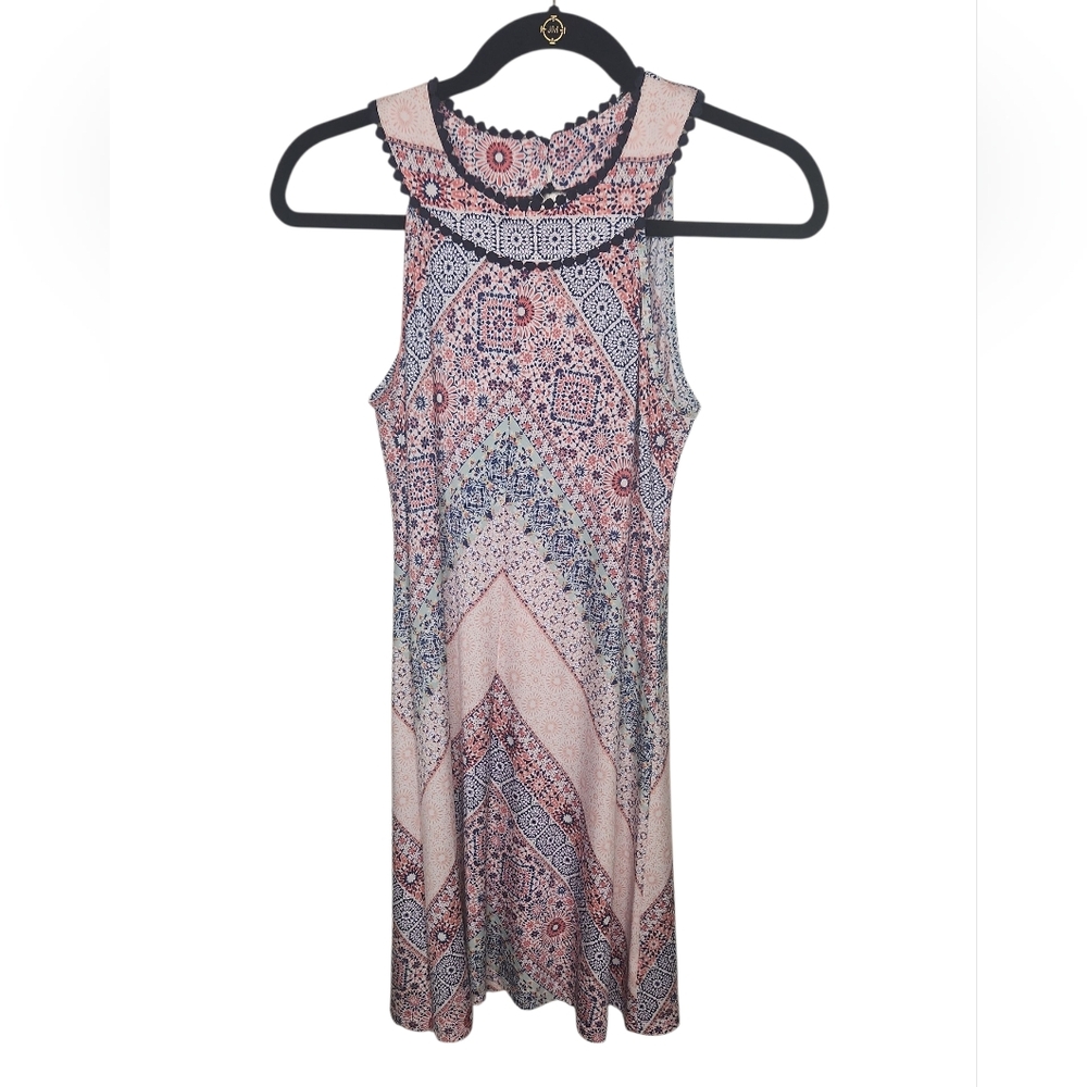 Trizzi Women's Pink/Blue Floral/Geometric Crochet Neckline Dress Size S